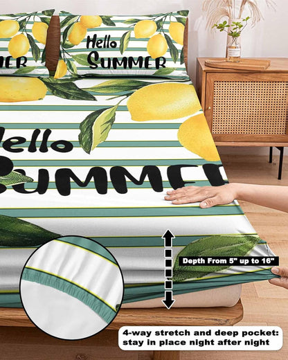 Summer Yellow Lemon Leaf on Striped Twin Bed Fitted Sheets Farmhouse Fruit Theme Bed Set with 16" Deep Pocket for Single Bed,Soft Microfiber Bottom Sheet with Decorative Pillowcases