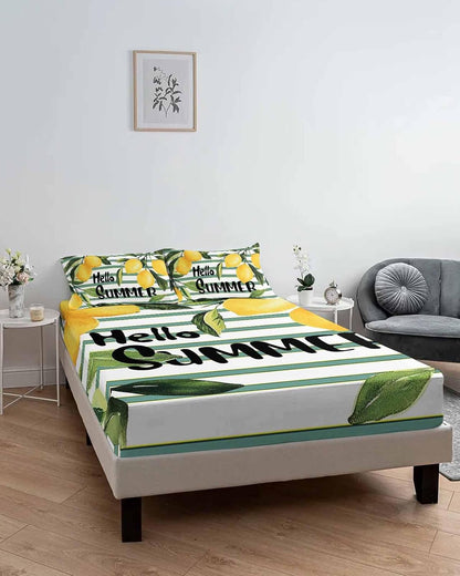 Summer Yellow Lemon Leaf on Striped Twin Bed Fitted Sheets Farmhouse Fruit Theme Bed Set with 16" Deep Pocket for Single Bed,Soft Microfiber Bottom Sheet with Decorative Pillowcases
