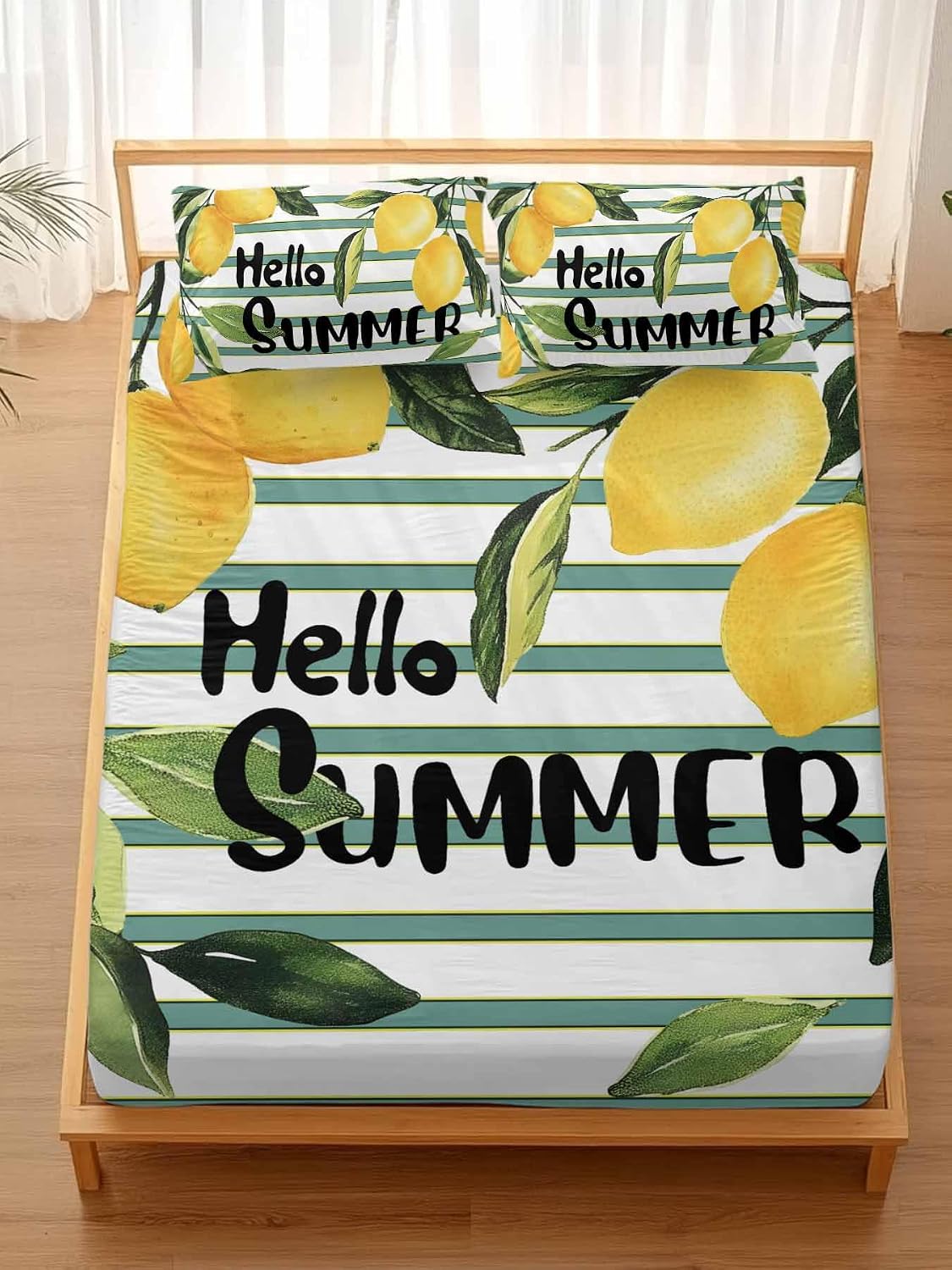 Summer Yellow Lemon Leaf on Striped Twin Bed Fitted Sheets Farmhouse Fruit Theme Bed Set with 16" Deep Pocket for Single Bed,Soft Microfiber Bottom Sheet with Decorative Pillowcases