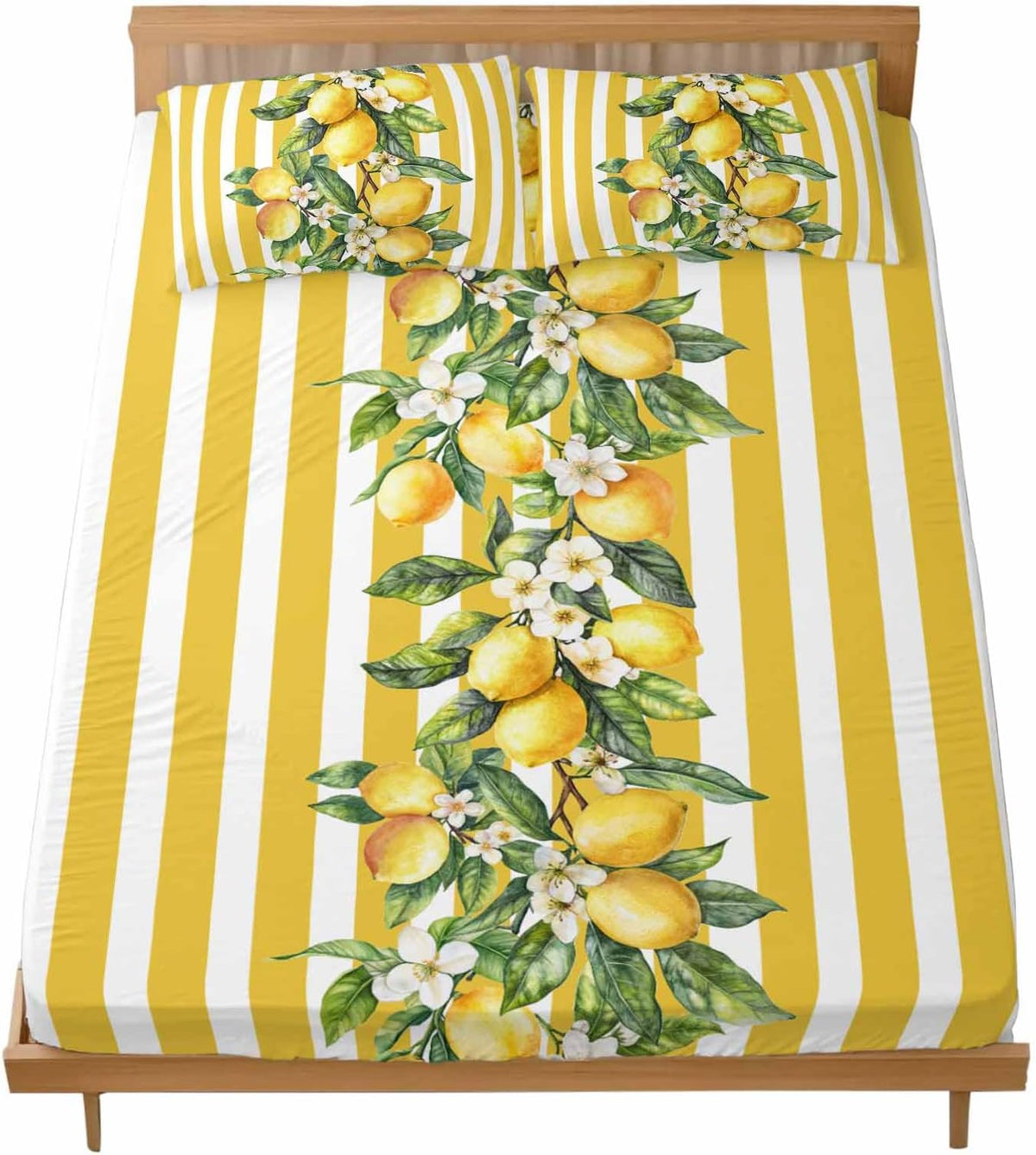 Yellow Lemon Stripes Full Sheet Set Deep Pocket Fitted Sheet Sets Soft Breathable Floral Fruit Leaves Sheet & Pillowcase Sets 3 Pieces Bed Sheets with Elastic Band Fits Mattress