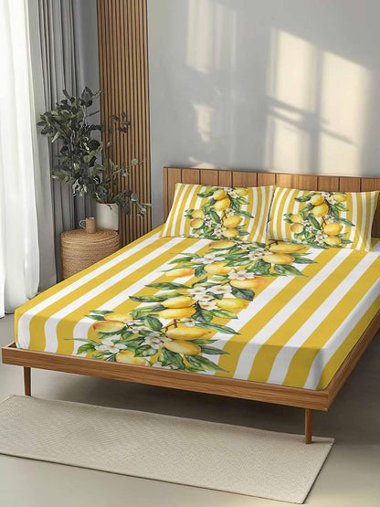 Yellow Lemon Stripes Full Sheet Set Deep Pocket Fitted Sheet Sets Soft Breathable Floral Fruit Leaves Sheet & Pillowcase Sets 3 Pieces Bed Sheets with Elastic Band Fits Mattress