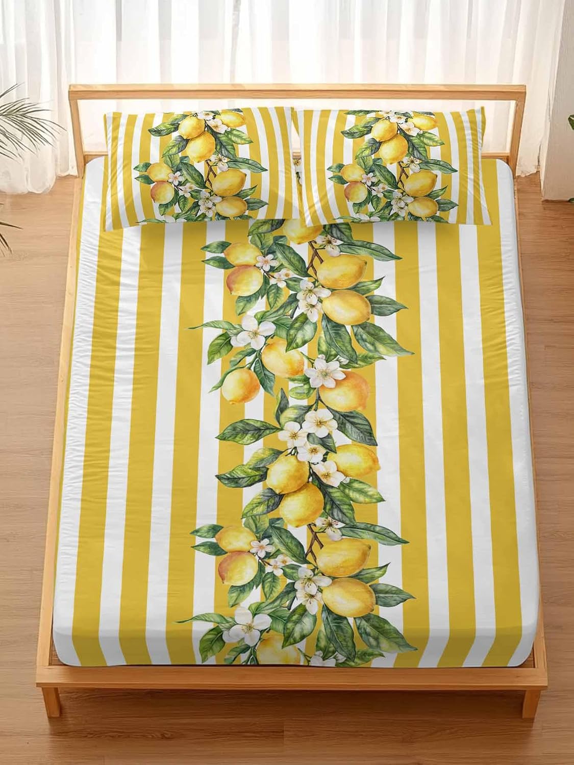 Yellow Lemon Stripes Full Sheet Set Deep Pocket Fitted Sheet Sets Soft Breathable Floral Fruit Leaves Sheet & Pillowcase Sets 3 Pieces Bed Sheets with Elastic Band Fits Mattress