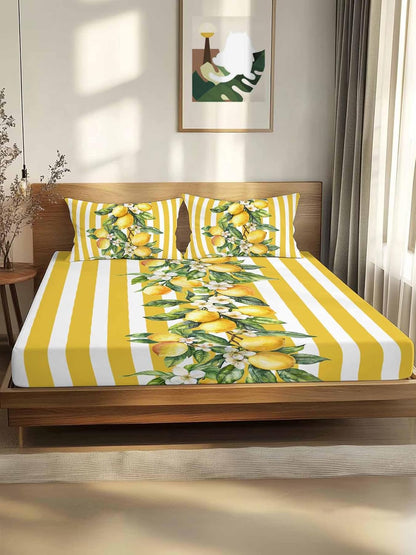 Yellow Lemon Stripes Full Sheet Set Deep Pocket Fitted Sheet Sets Soft Breathable Floral Fruit Leaves Sheet & Pillowcase Sets 3 Pieces Bed Sheets with Elastic Band Fits Mattress