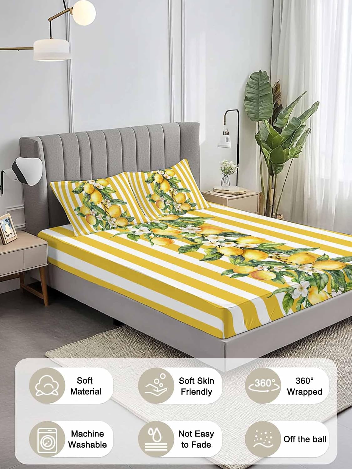 Yellow Lemon Stripes Full Sheet Set Deep Pocket Fitted Sheet Sets Soft Breathable Floral Fruit Leaves Sheet & Pillowcase Sets 3 Pieces Bed Sheets with Elastic Band Fits Mattress