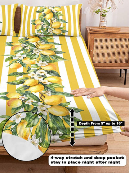 Yellow Lemon Stripes Full Sheet Set Deep Pocket Fitted Sheet Sets Soft Breathable Floral Fruit Leaves Sheet & Pillowcase Sets 3 Pieces Bed Sheets with Elastic Band Fits Mattress