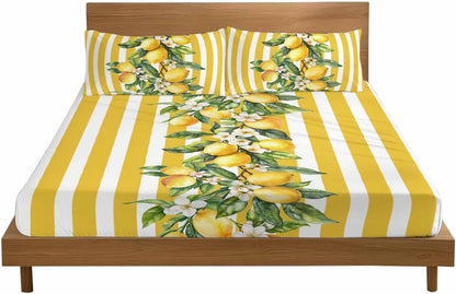 Yellow Lemon Stripes Full Sheet Set Deep Pocket Fitted Sheet Sets Soft Breathable Floral Fruit Leaves Sheet & Pillowcase Sets 3 Pieces Bed Sheets with Elastic Band Fits Mattress