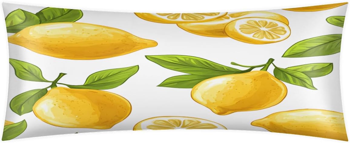 Spring Summer Yellow Lemon Body Pillow Covers Decorative Soft Bedding Satin Pillowcase with Zipper Closure Cooling Breathable Long Pillow Case-21"x 54"