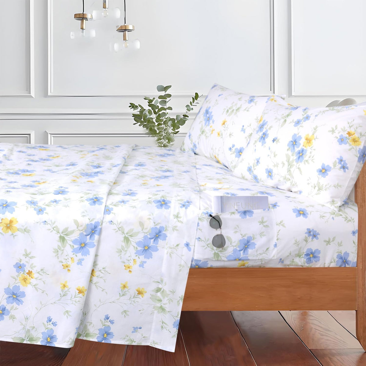 Cotton Sheet Set Floral Queen Blue Yellow Spring Flower Fitted Sheets