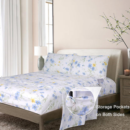 Cotton Sheet Set Floral Queen Blue Yellow Spring Flower Fitted Sheets