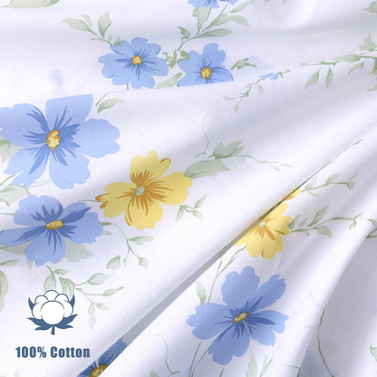 Cotton Sheet Set Floral Queen Blue Yellow Spring Flower Fitted Sheets