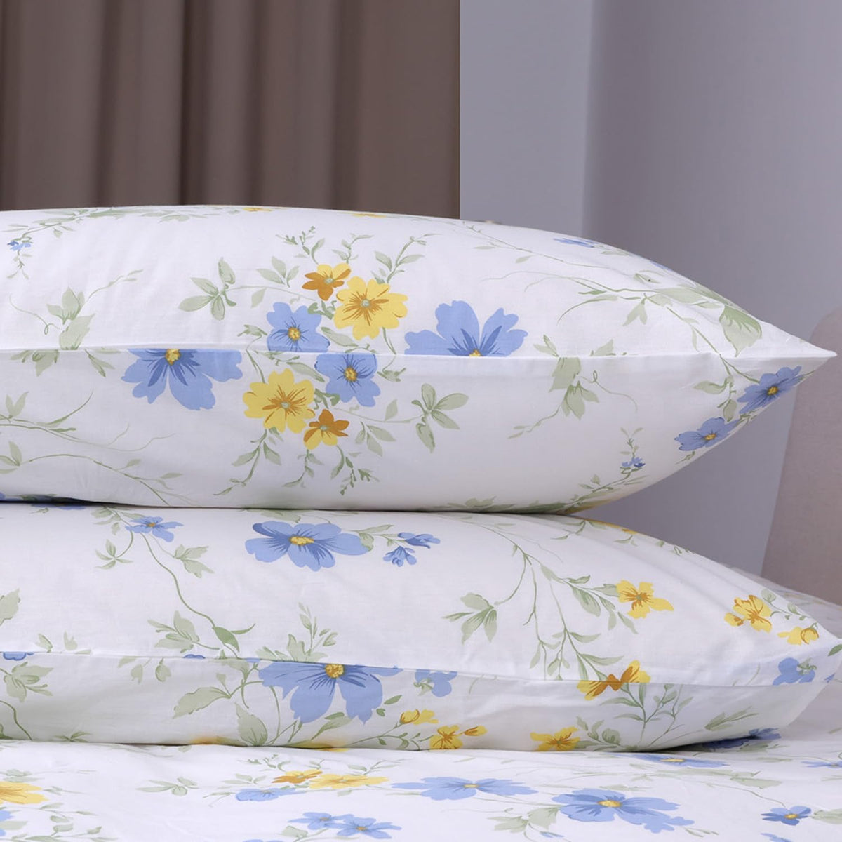 Cotton Sheet Set Floral Queen Blue Yellow Spring Flower Fitted Sheets