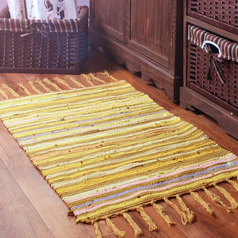 Chindi Rag Rug, Machine Washable Cotton Reversible Rag Rug Hand Woven Multi Color Striped Area Rug Floor Rugs for Bedroom, Living Room, Kitchen and Laundry Room (20'' x 31", Yellow)