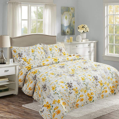 Floral Quilt Sets Full/Queen Size Reversible Countryside Bedspread Coverlets Lightweight Yellow Flower Quilt Green Leaves Bed Covers for All Season,1 Quilt +2 Pillow Shams