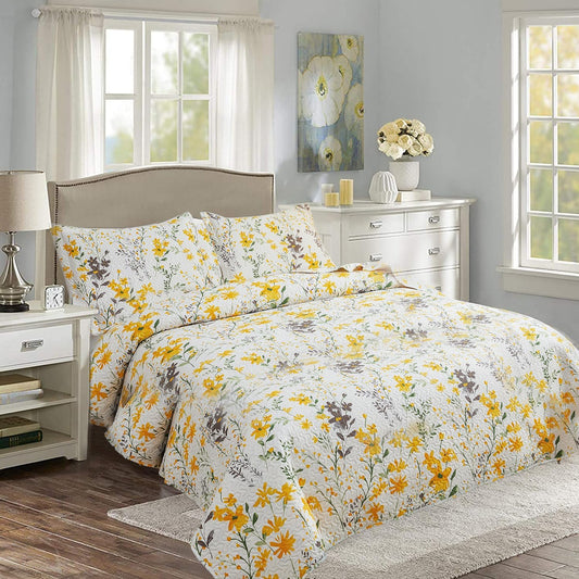 Floral Quilt Sets Full/Queen Size Reversible Countryside Bedspread Coverlets Lightweight Yellow Flower Quilt Green Leaves Bed Covers for All Season,1 Quilt +2 Pillow Shams