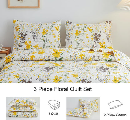 Floral Quilt Sets Full/Queen Size Reversible Countryside Bedspread Coverlets Lightweight Yellow Flower Quilt Green Leaves Bed Covers for All Season,1 Quilt +2 Pillow Shams