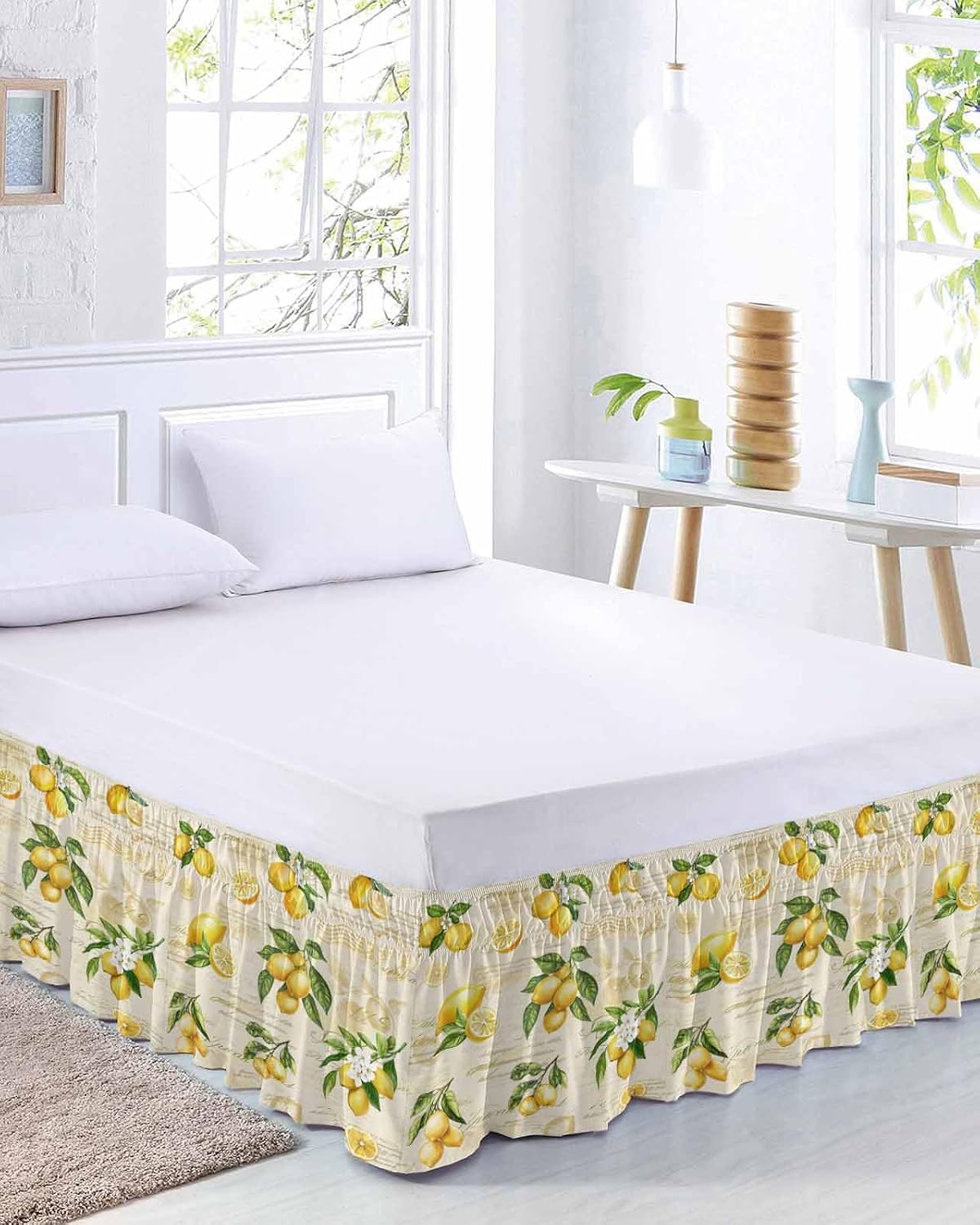 Yellow Lemons Bed Skirt Queen Size 16 Inch Drop, Adjustable Elastic Wrap Around Bed Skirts Easy Fitting Dust Ruffle Bedskirt Bed Frame Cover Summer Botanical Fruit Leaves Country