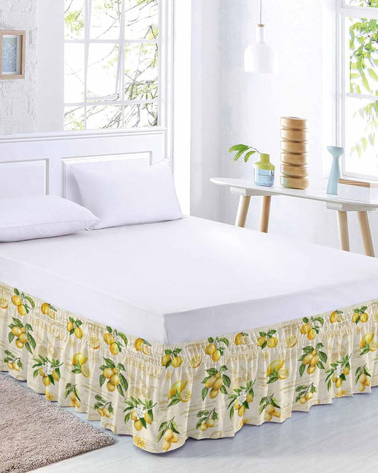 Yellow Lemons Bed Skirt Queen Size 16 Inch Drop, Adjustable Elastic Wrap Around Bed Skirts Easy Fitting Dust Ruffle Bedskirt Bed Frame Cover Summer Botanical Fruit Leaves Country