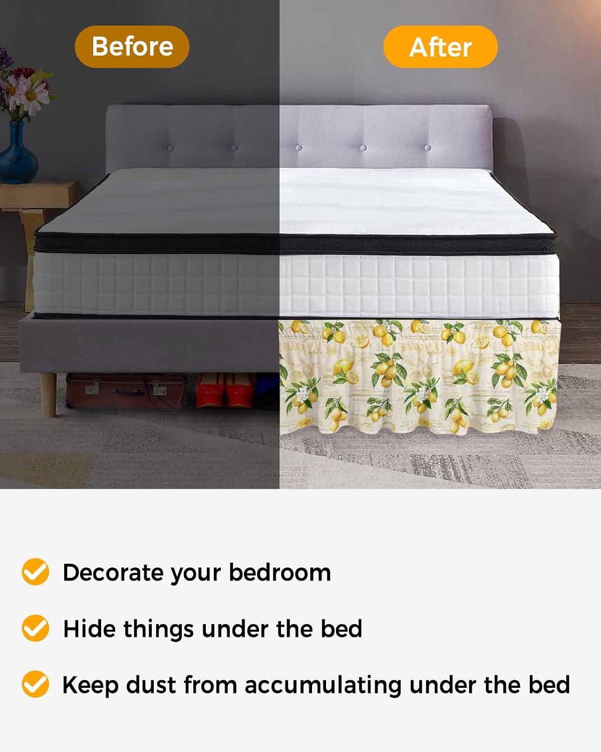 Yellow Lemons Bed Skirt Queen Size 16 Inch Drop, Adjustable Elastic Wrap Around Bed Skirts Easy Fitting Dust Ruffle Bedskirt Bed Frame Cover Summer Botanical Fruit Leaves Country