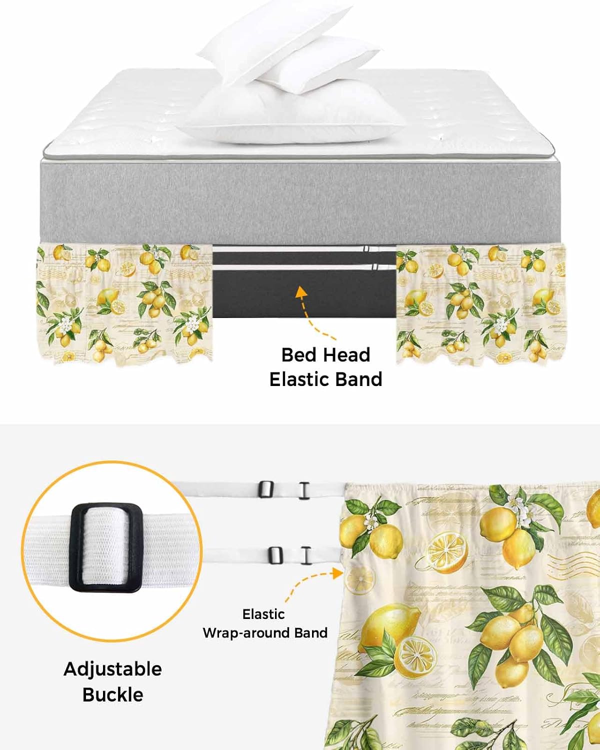Yellow Lemons Bed Skirt Queen Size 16 Inch Drop, Adjustable Elastic Wrap Around Bed Skirts Easy Fitting Dust Ruffle Bedskirt Bed Frame Cover Summer Botanical Fruit Leaves Country
