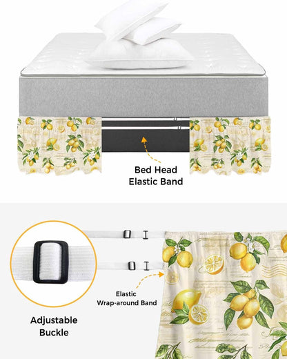 Yellow Lemons Bed Skirt Queen Size 16 Inch Drop, Adjustable Elastic Wrap Around Bed Skirts Easy Fitting Dust Ruffle Bedskirt Bed Frame Cover Summer Botanical Fruit Leaves Country
