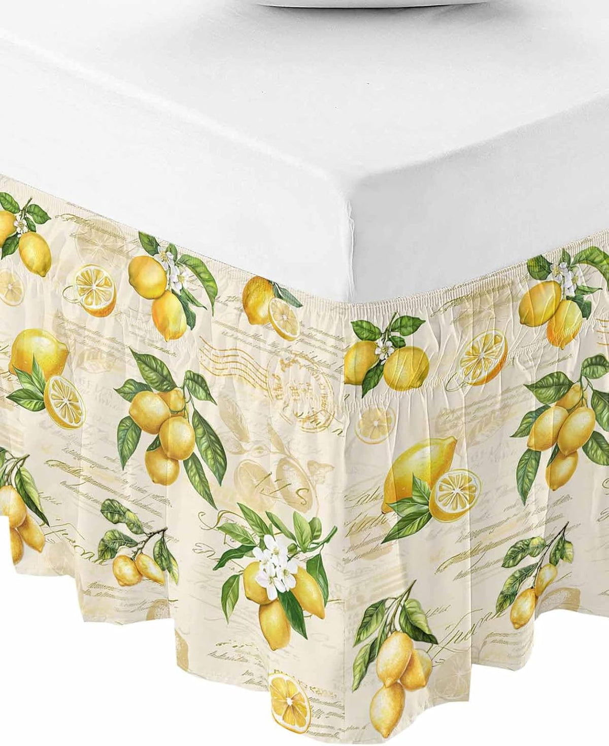 Yellow Lemons Bed Skirt Queen Size 16 Inch Drop, Adjustable Elastic Wrap Around Bed Skirts Easy Fitting Dust Ruffle Bedskirt Bed Frame Cover Summer Botanical Fruit Leaves Country