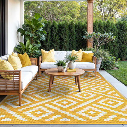 Outdoor Rug, Waterproof Plastic Rugs for Patio, 6'x9' Yellow White