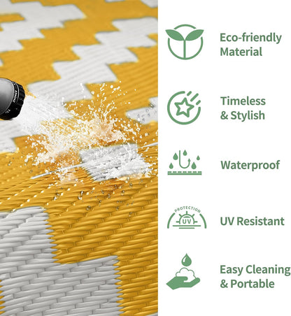 Outdoor Rug, Waterproof Plastic Rugs for Patio, 6'x9' Yellow White