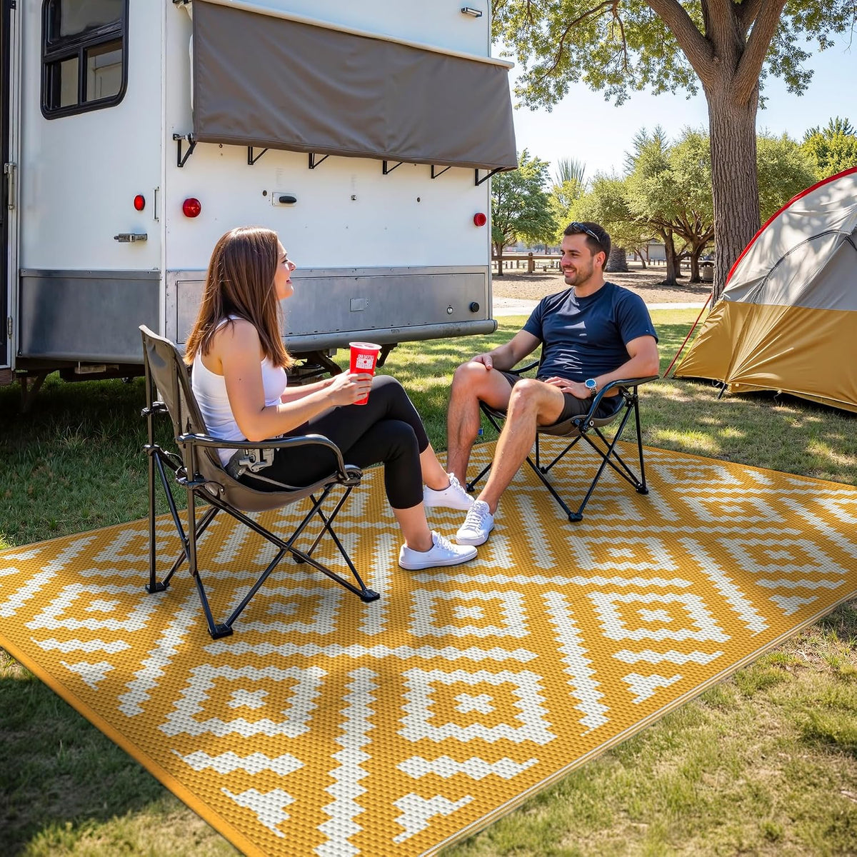 Outdoor Rug, Waterproof Plastic Rugs for Patio, 6'x9' Yellow White