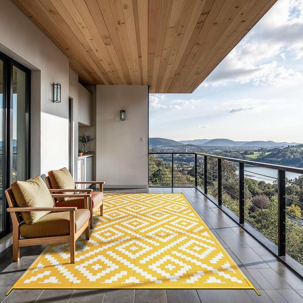 Outdoor Rug, Waterproof Plastic Rugs for Patio, 6'x9' Yellow White