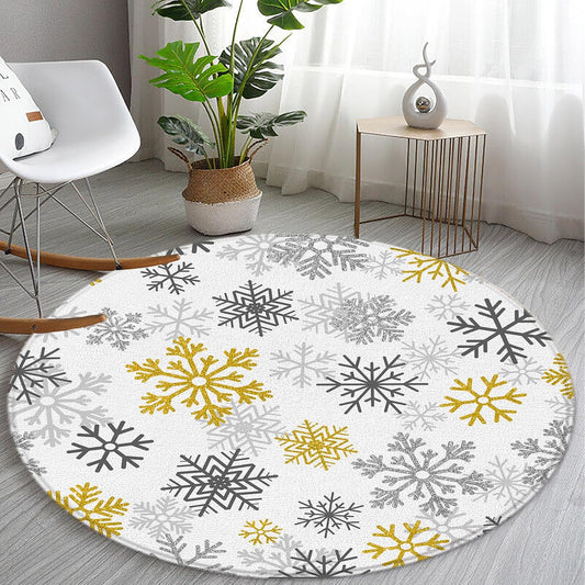 Yellow Snowflake Round Area Rug Christmas Winter Holiday Happy New Year for Living Room Bedroom Home Decor (2' Round)