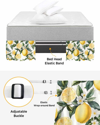Yellow Lemon Bed Skirt Queen Size 16 Inch Drop, Adjustable Elastic Wrap Around Bed Skirts Easy Fitting Dust Ruffle Bedskirt Bed Frame Cover Country Fruit Floral Watercolor Green White