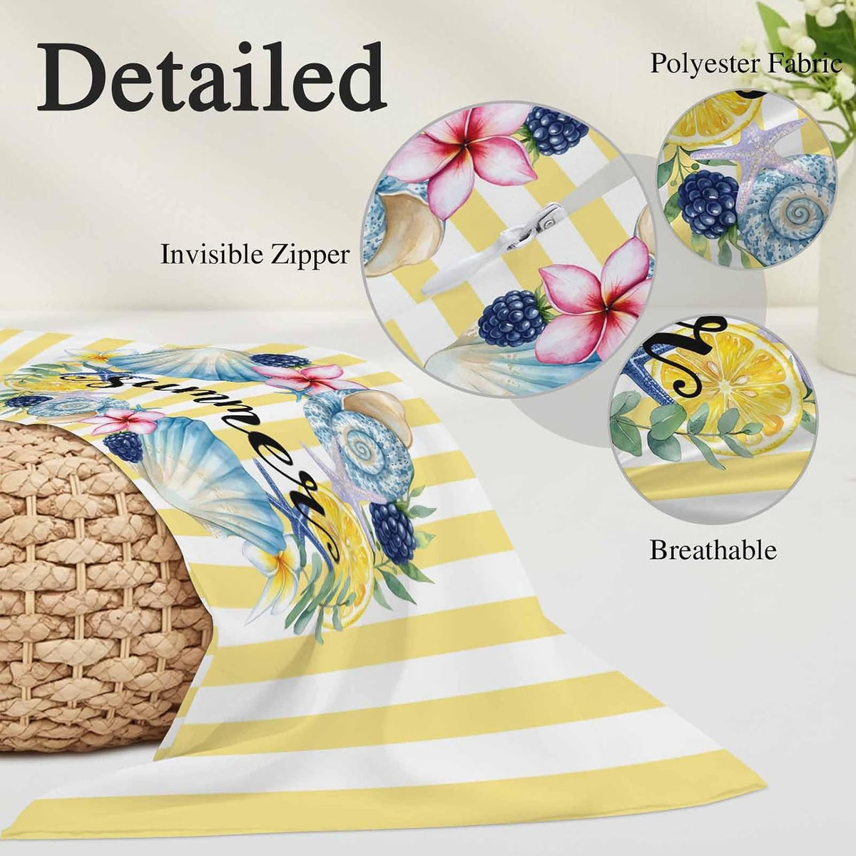 Summer Pillow Covers Lemons Starfish Flower Stripes Yellow 20x26 Inch - Standard Soft Brushed Microfiber Pillowcases with Hidden Zipper Closure Bed Pillow Shams for Bedroom Sofa Car