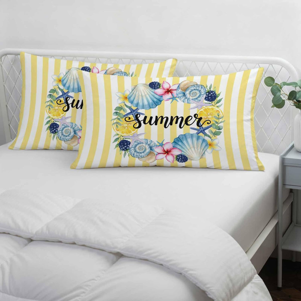 Summer Pillow Covers Lemons Starfish Flower Stripes Yellow 20x26 Inch - Standard Soft Brushed Microfiber Pillowcases with Hidden Zipper Closure Bed Pillow Shams for Bedroom Sofa Car