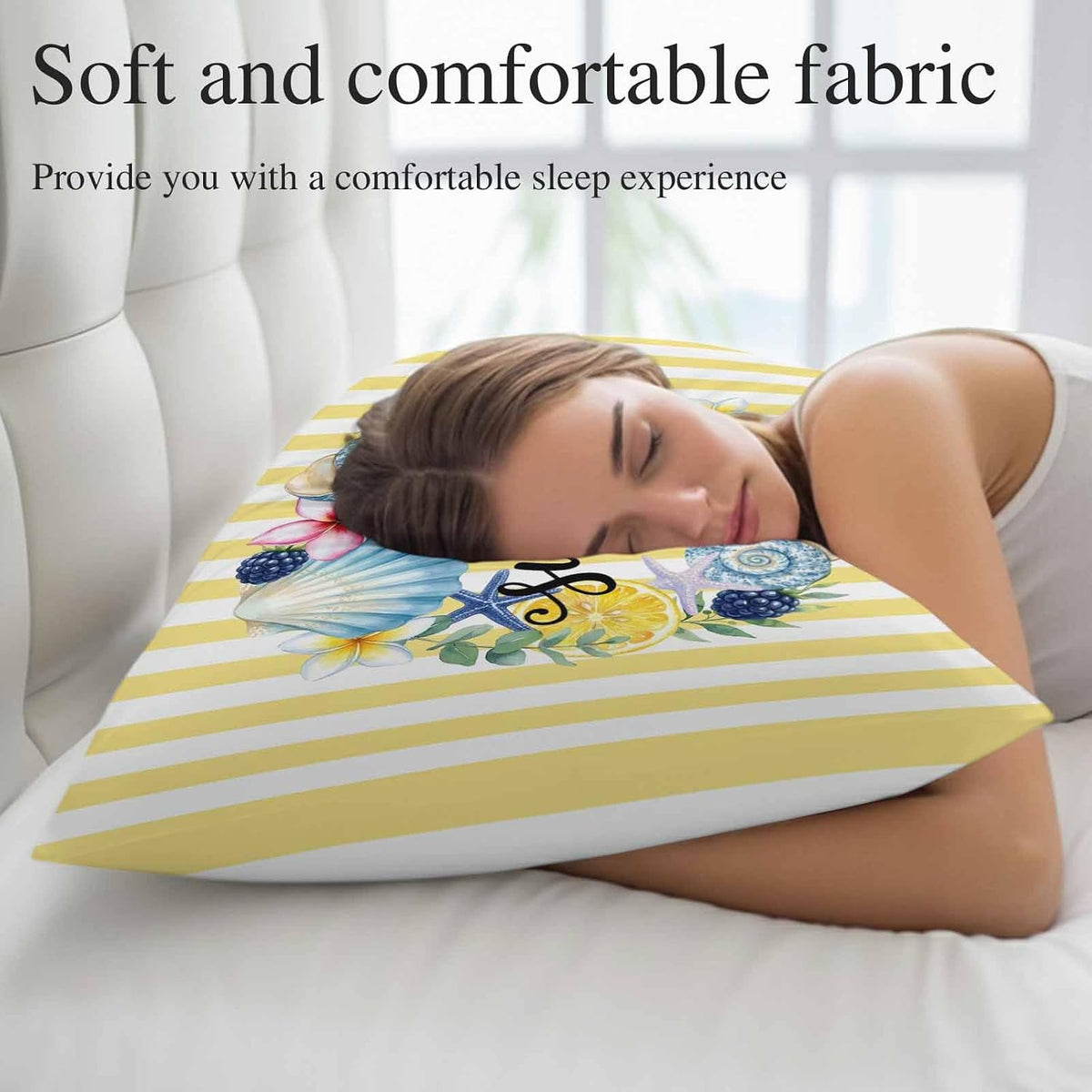 Summer Pillow Covers Lemons Starfish Flower Stripes Yellow 20x26 Inch - Standard Soft Brushed Microfiber Pillowcases with Hidden Zipper Closure Bed Pillow Shams for Bedroom Sofa Car