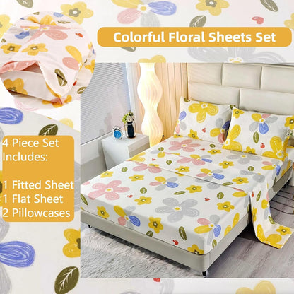 4 Pieces Yellow Floral Sheets Set Queen, Soft Microfiber Floral Sheets Queen Size, Fade Resistant, Flower Sheet Bed Set Deep Pocket All Season