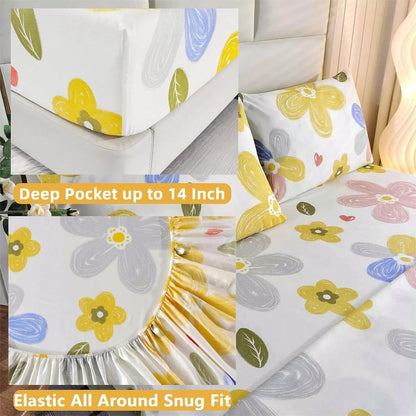 4 Pieces Yellow Floral Sheets Set Queen, Soft Microfiber Floral Sheets Queen Size, Fade Resistant, Flower Sheet Bed Set Deep Pocket All Season