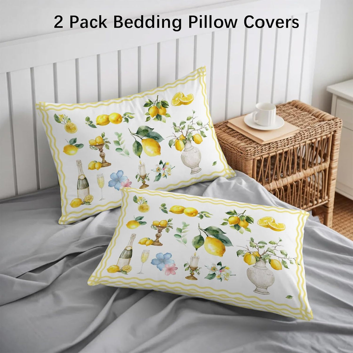 Pillow Cases Standard Size Set of 2, Boho Lemons Breathable Microfiber Pillow Covers with Envelope Closure, Summer Yellow Fruits Flowers Leaf Stripe Luxurious Bed Pillowcases, 20x26 Inch