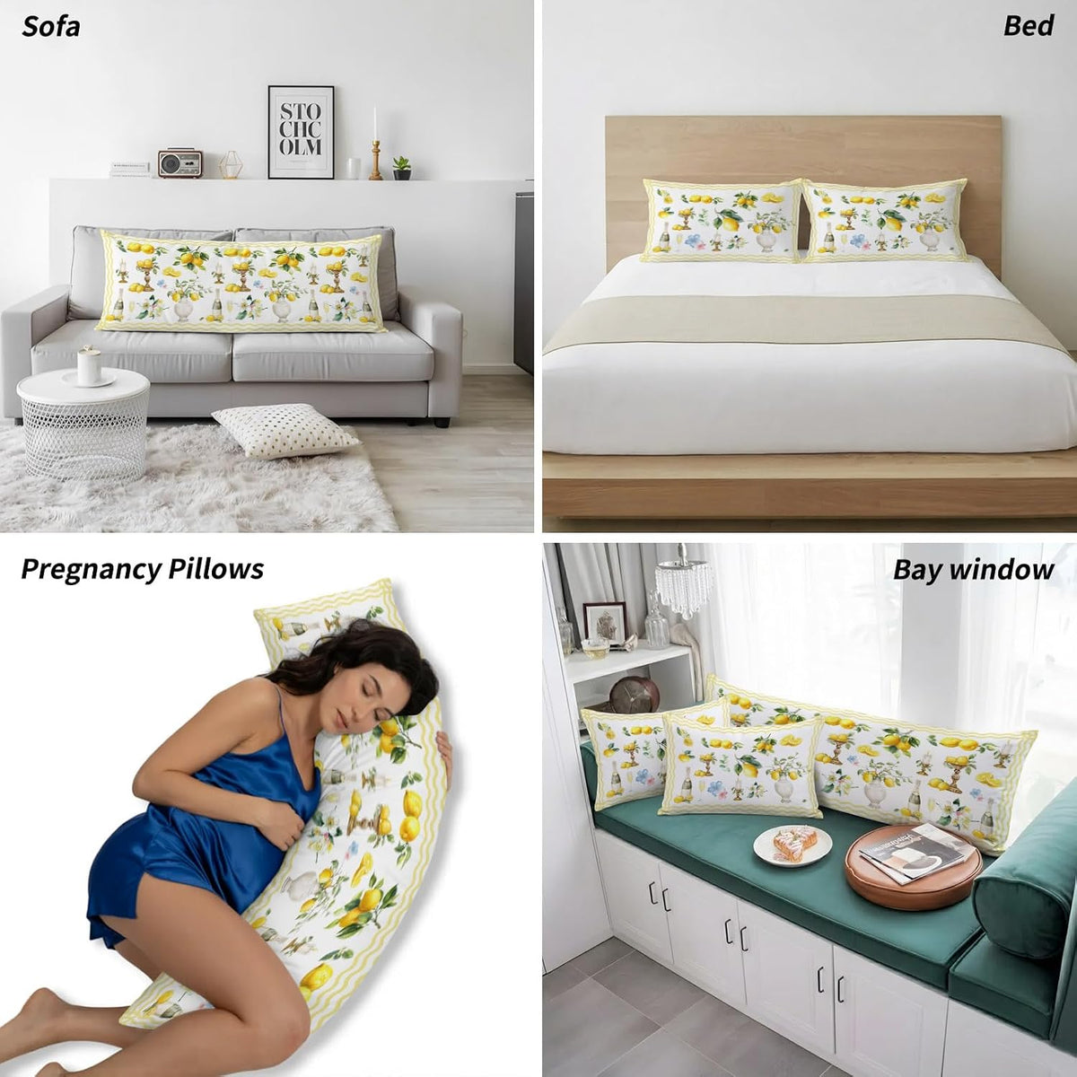 Pillow Cases Standard Size Set of 2, Boho Lemons Breathable Microfiber Pillow Covers with Envelope Closure, Summer Yellow Fruits Flowers Leaf Stripe Luxurious Bed Pillowcases, 20x26 Inch