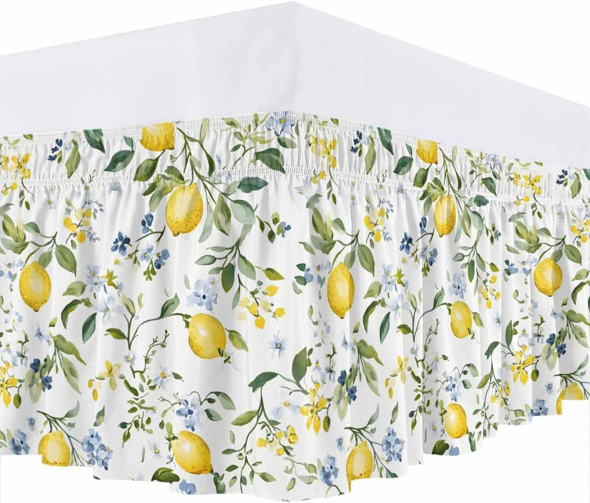 Bed Skirt Yellow Flowers Lemon Summer Ruffle Bed Skirt Wrap Around Bed Skirts for Queen Beds 16" Drop,Adjustable Elastic Dust Ruffles Easy Fit and Wrinkle-Free