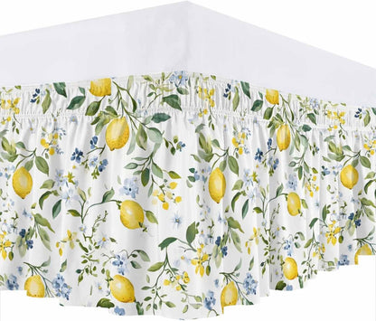 Bed Skirt Yellow Flowers Lemon Summer Ruffle Bed Skirt Wrap Around Bed Skirts for Queen Beds 16" Drop,Adjustable Elastic Dust Ruffles Easy Fit and Wrinkle-Free