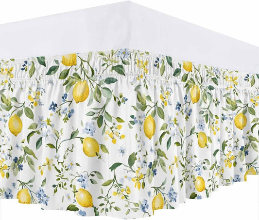 Bed Skirt Yellow Flowers Lemon Summer Ruffle Bed Skirt Wrap Around Bed Skirts for Queen Beds 16" Drop,Adjustable Elastic Dust Ruffles Easy Fit and Wrinkle-Free