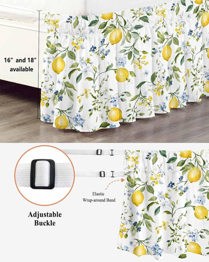 Bed Skirt Yellow Flowers Lemon Summer Ruffle Bed Skirt Wrap Around Bed Skirts for Queen Beds 16" Drop,Adjustable Elastic Dust Ruffles Easy Fit and Wrinkle-Free