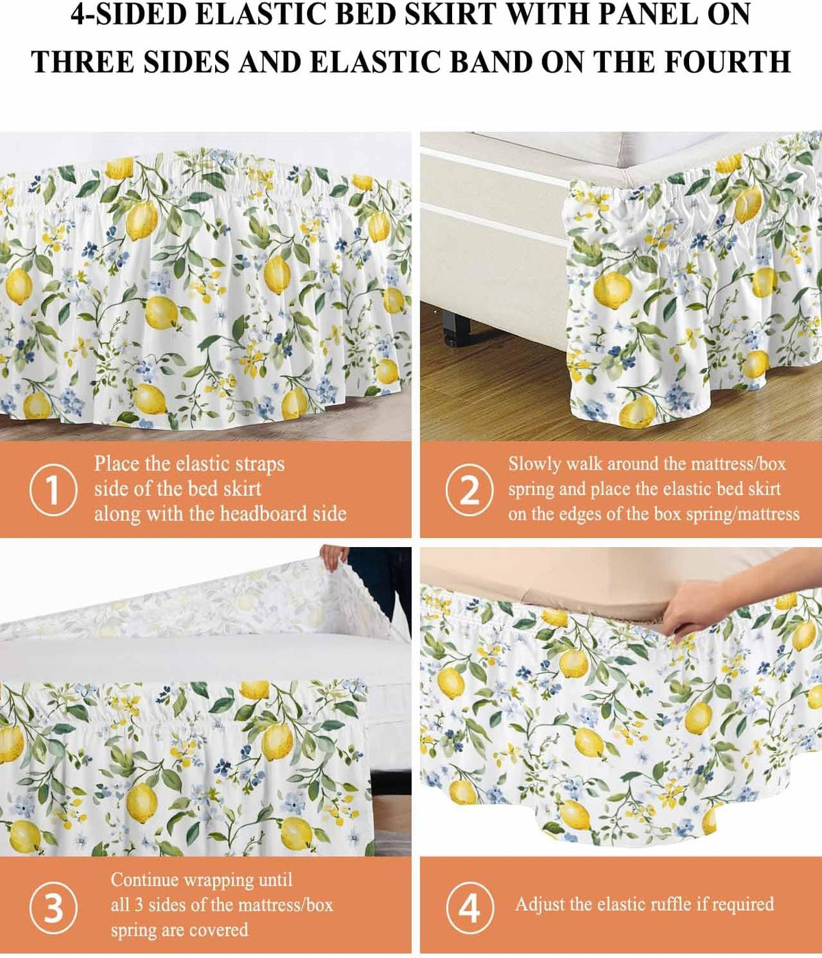 Bed Skirt Yellow Flowers Lemon Summer Ruffle Bed Skirt Wrap Around Bed Skirts for Queen Beds 16" Drop,Adjustable Elastic Dust Ruffles Easy Fit and Wrinkle-Free