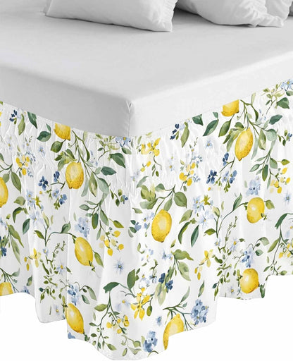 Bed Skirt Yellow Flowers Lemon Summer Ruffle Bed Skirt Wrap Around Bed Skirts for Queen Beds 16" Drop,Adjustable Elastic Dust Ruffles Easy Fit and Wrinkle-Free