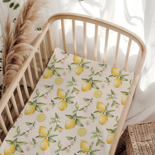 Vintage Lemon Floral Pink Baby Crib Sheet for Boys & Girls 52x28x9 in Yellow Lemons Wildflowers Leaves Baby Sheet for Standard Crib and Toddler Bed Mattress Summer Fruit Bed Mattress