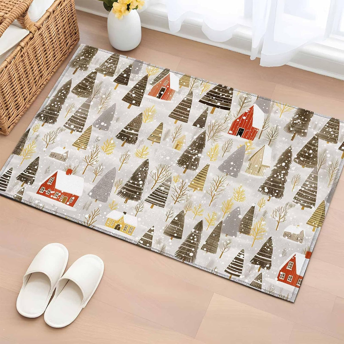 Christmas 2x3 Area Rugs for Living Room, Winter Abstract Christmas Tree House Snow Yellow Non Slip Floor Mat Washable Low-Profile Indoor Carpet for Bedroom, Dining Room, Bathroom