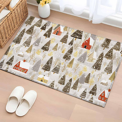 Christmas 2x3 Area Rugs for Living Room, Winter Abstract Christmas Tree House Snow Yellow Non Slip Floor Mat Washable Low-Profile Indoor Carpet for Bedroom, Dining Room, Bathroom