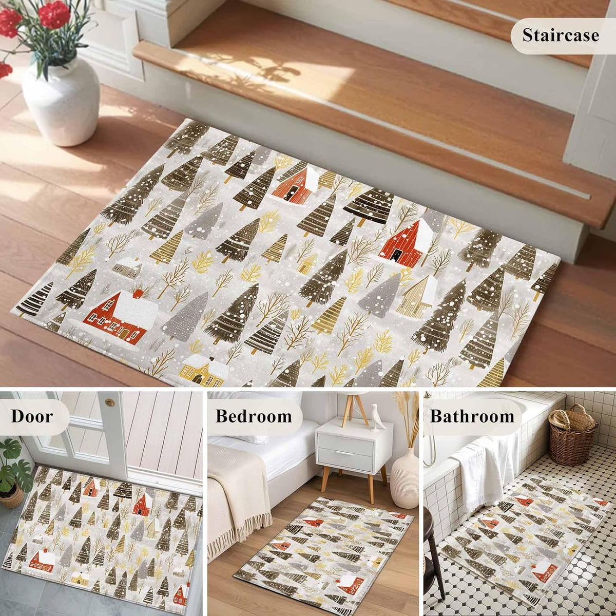 Christmas 2x3 Area Rugs for Living Room, Winter Abstract Christmas Tree House Snow Yellow Non Slip Floor Mat Washable Low-Profile Indoor Carpet for Bedroom, Dining Room, Bathroom