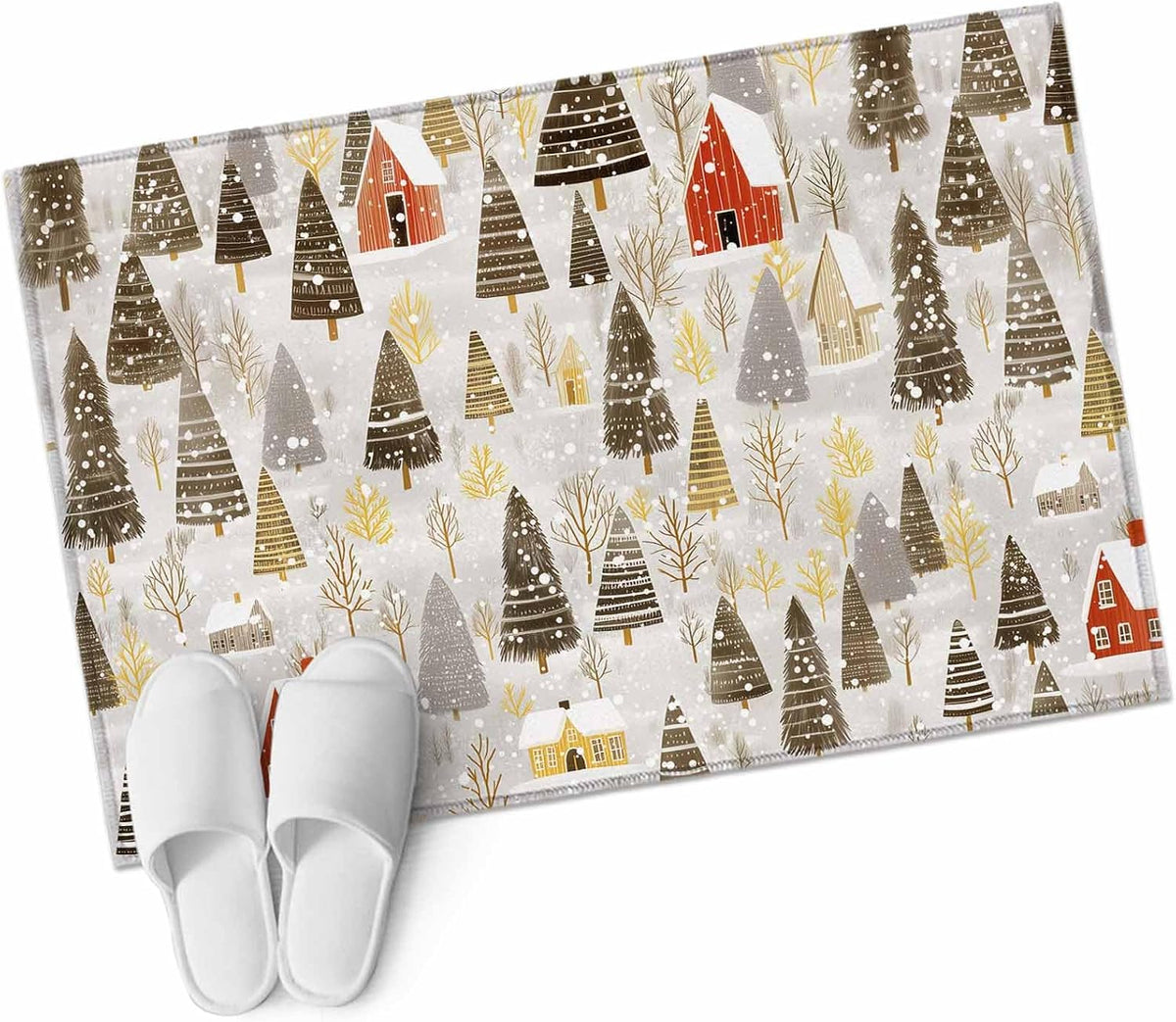 Christmas 2x3 Area Rugs for Living Room, Winter Abstract Christmas Tree House Snow Yellow Non Slip Floor Mat Washable Low-Profile Indoor Carpet for Bedroom, Dining Room, Bathroom