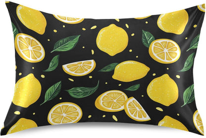 Lemons Yellow Satin Pillowcase with Envelope Closure Green Black Standard Size Pillow Case, Silky Pillow Cover for Home Bedroom Sofa 20x26 in